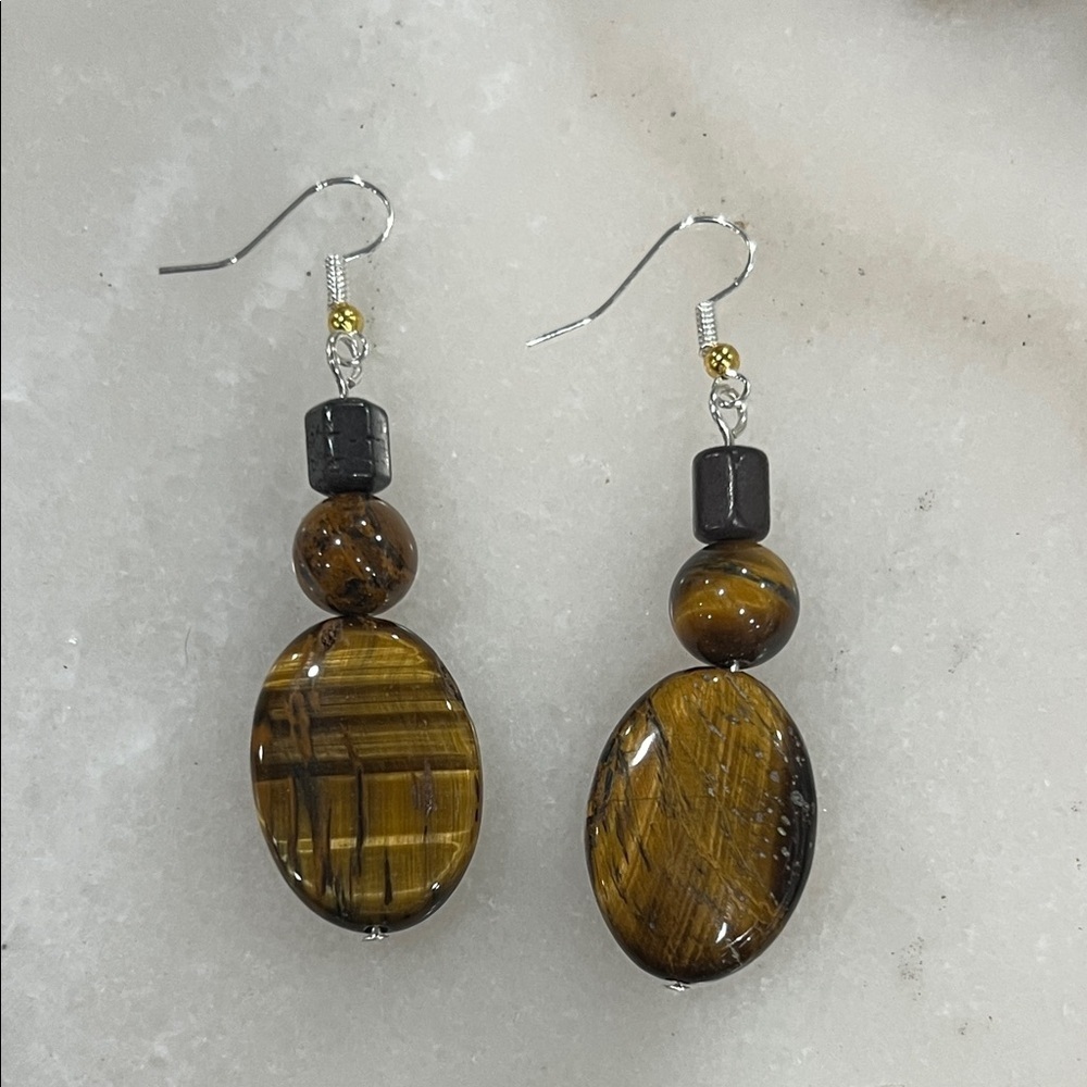 Elegant Brown and Gold Tiger Stone Dangle Earrings